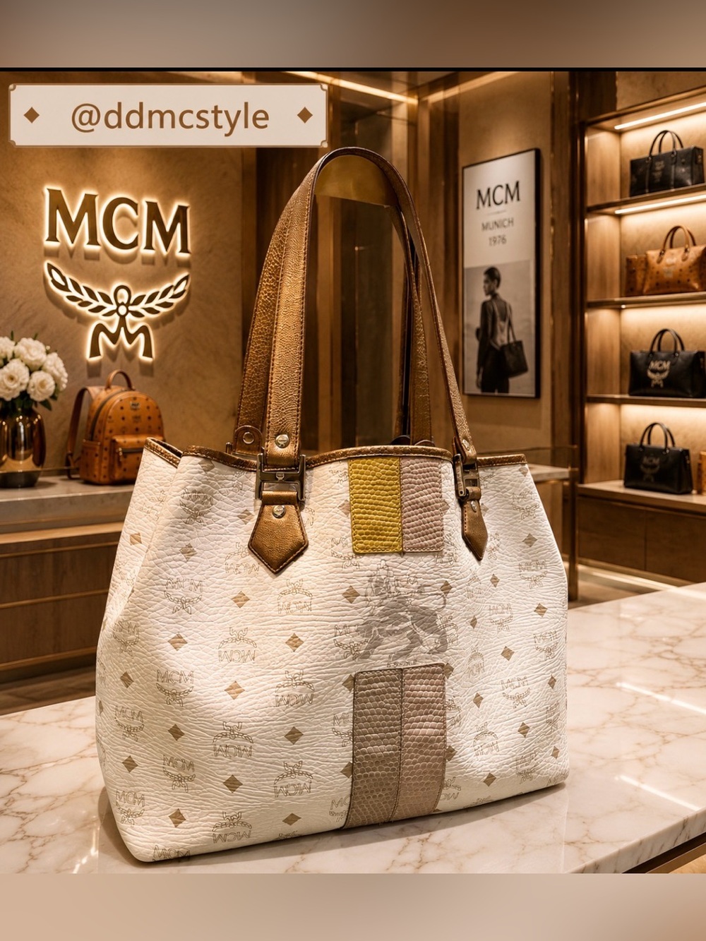 MCM Cream & Tan Logo-Print Tote with Yellow Accent